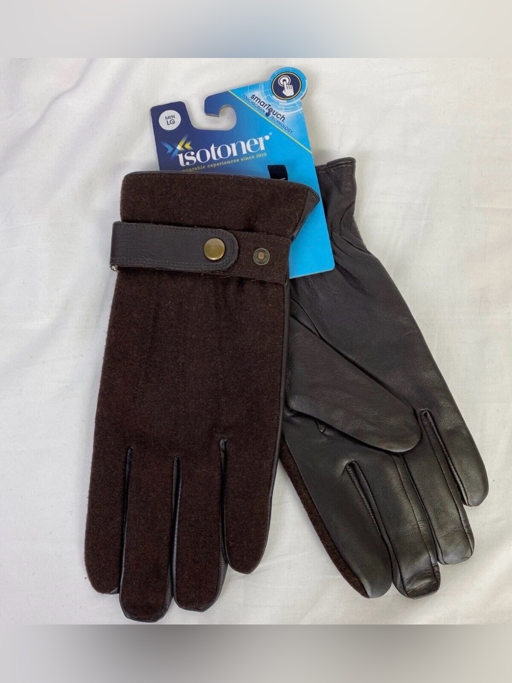 Isotoner Men's Smart Touch Leather Palm Flannel Gloves Saddle Brown sz. LG NWT